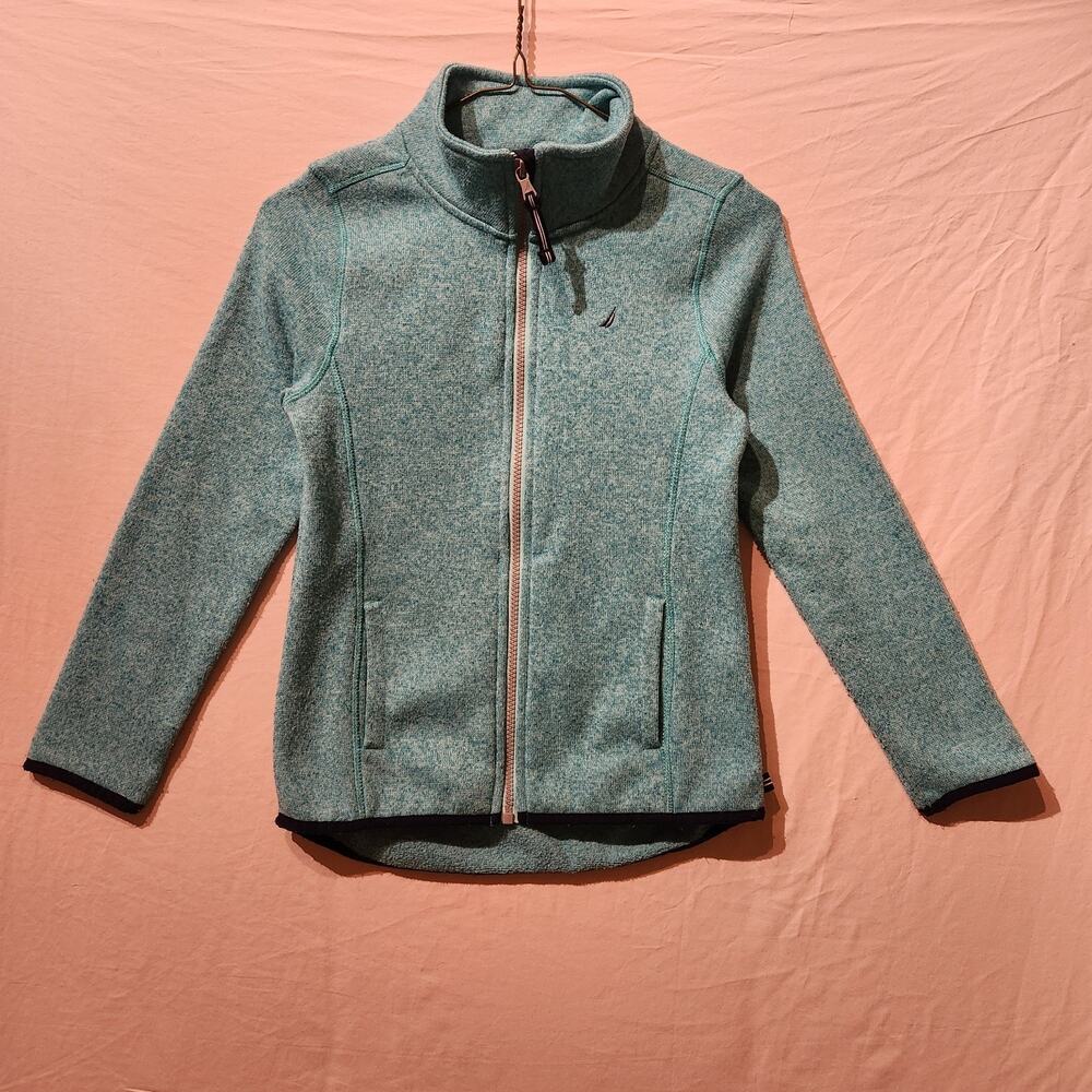 Nautica Girls Sz M 8/10 Teal Blue Full Zip Fleece Sweater Mock Neck W/ Pockets